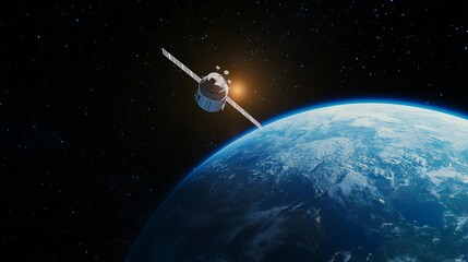 Satellite equipped with solar panels is orbiting earth, capturing stunning views of the planet's surface and atmosphere against the backdrop of a star filled universe and a rising sun