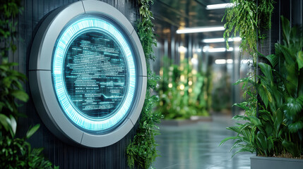 Futuristic interface with glowing elements in modern hallway surrounded by greenery