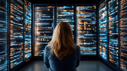 Person observes high tech data center filled with illuminated server racks, showcasing advanced