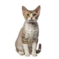 Devon Rex Cat Sitting Isolated on White, Unique Domestic Feline Stock Photo