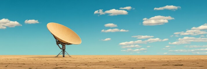 Giant satellite dish scanning the universe beneath a blue sky dotted with clouds, set against a vast desert landscape, symbolizing the quest for knowledge and discovery in space