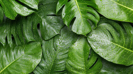 Fototapeta premium Lush green leaves with dew droplets create vibrant tropical atmosphere