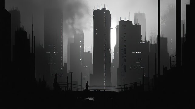 Desolate futuristic city skyline at dawn