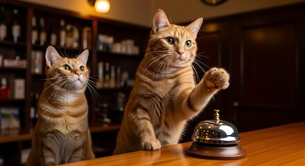 Two Ginger Cats at a Bar Ringing the Bell for Service.