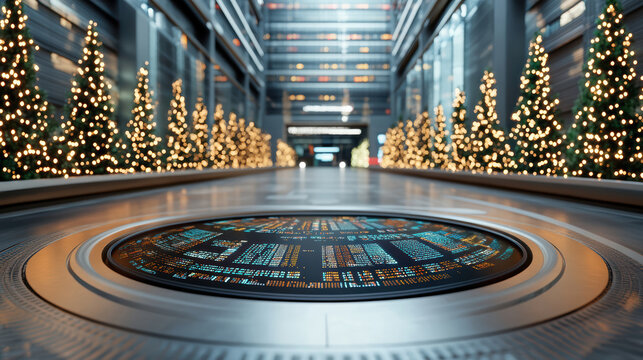 Digital trading floor glowing with real time financial data, surrounded by festive Christmas