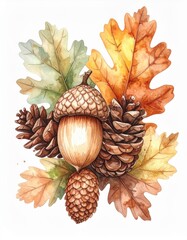 Watercolor Autumn Botanical Illustration &ndash; Realistic Acorns, Pine Cones, and Colorful Fall Oak Leaves for Seasonal Decor, Thanksgiving Crafts, and Invitations