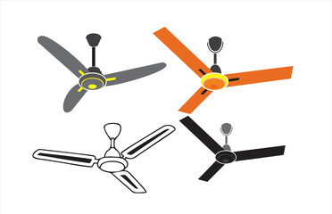 Four ceiling fans are illustrated in different colors and styles on a white background. The designs feature various color schemes: gray with yellow highlights, Ceiling fan icon vector editable.