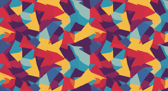 Abstract colorful geometric seamless camouflage pattern with overlapping shapes