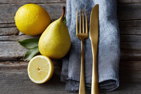 Leaning pear and lemons with gold cutlery on rustic wooden table setting - Powered by Adobe