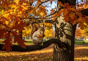Squirrel Enjoying Autumn Snack in a Colorful Tree.