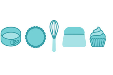 Baking tools and dessert set featuring whisk, cake pan, scraper, and frosted cupcake