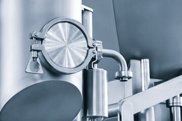 Food production machine with stainless steel pipes, cooling radiator as separator and tanks, valves and measuring instruments