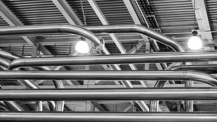 Food production machine with stainless steel pipes, cooling radiator as separator and tanks, valves...