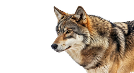 Obraz premium Eastern Wolf Standing Alert: Thick Fur Isolated on White Backdrop
