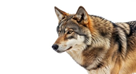 Eastern Wolf Standing Alert: Thick Fur Isolated on White Backdrop
