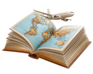 Open travel book with world map vintage style airplane flying above symbolizing adventure exploration wanderlust global journey and excitement for discovering new destinations