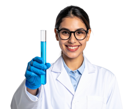 Smiling Female Scientist Holding Test Tube with Blue Liquid, Front View, Isolated on White Background