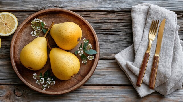 Rustic wooden table setting with fresh yellow pears and cutlery