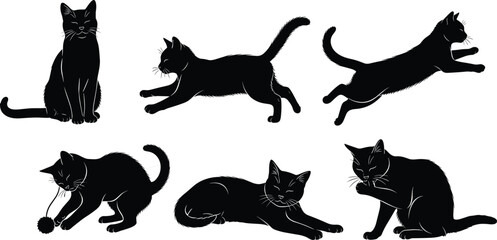 Black cat silhouettes in various poses including sitting, playing, jumping, running, grooming, and resting, isolated vector illustration design set
