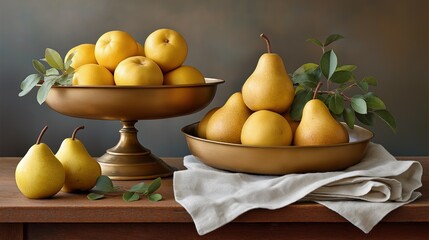 Golden pears and apples in elegant bowls on wooden table with leaves
