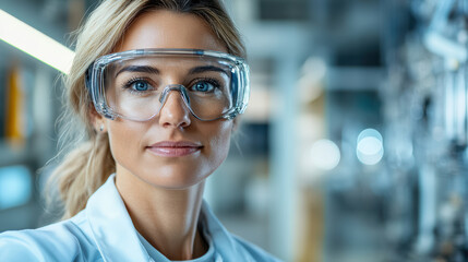 Focused female engineer wearing safety goggles laboratory setting, showcasing professionalism