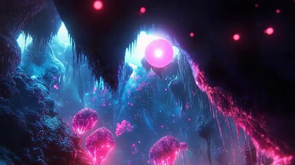 Bioluminescent mushrooms glowing inside enchanted fantasy cave - Powered by Adobe