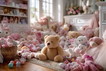 Messy girls bedroom filled with pink toys and stuffed animals