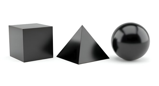 Geometric Shapes - Cube, Pyramid, and Sphere in Black.