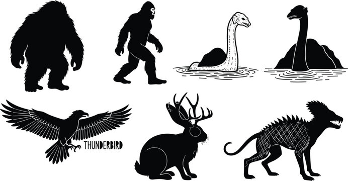 Black and white vector illustration of mythical cryptid creatures including Bigfoot, Loch Ness Monster, Thunderbird, Jackalope, and Chupacabra folklore icons