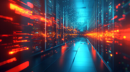 Futuristic server room with digital streams, Data center with glowing connections, High-tech network infrastructure