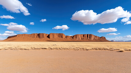 Vast desert landscape featuring distant cliffs under bright blue sky with fluffy clouds