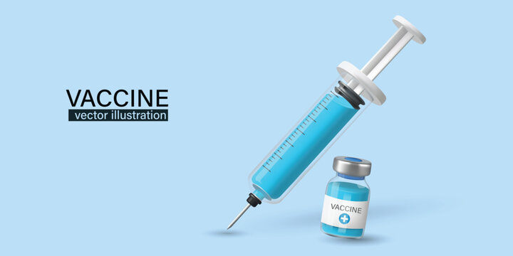 3D vector illustration of a medical syringe filled with blue liquid next to a vaccine vial on a light blue background. Concept for vaccination, immunization, global health, virus treatment, and medica