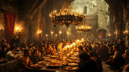 A grand medieval banquet hall illuminated by candlelight, filled with nobles and servants, creating a warm and inviting atmosphere for a royal feast