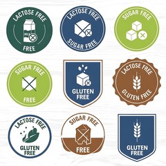 Assortment of Food Allergen Free Labels for Healthy Eating.