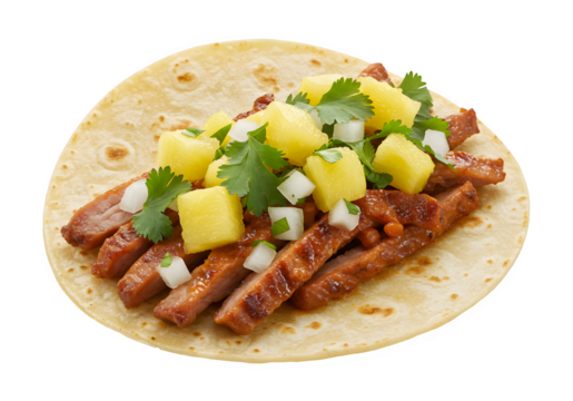 Grilled pork al pastor taco with pineapple chunks, cilantro, and onion in a soft corn tortilla, isolated on white or transparent background. PNG