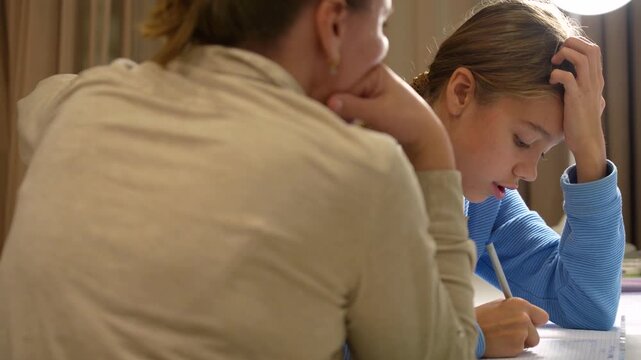 Young student diligently studies and writes, supported by elder's guiding presence in quiet, softly lit setting.