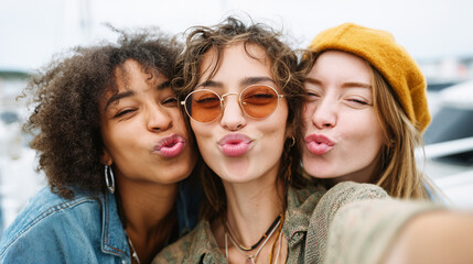 Three young women taking fun selfie pouting with kissy face
