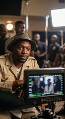 Obraz premium Focused african film director in hat reviewing a scene on a monitor on a busy movie set