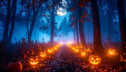 Magical Halloween Festival with Glowing Pumpkins and Lights at Night background mockup