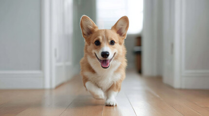 Joyful Pembroke Welsh Corgi dog running on wood floor inside home. purebred puppy happily moves toward camera with cheerful, active expression