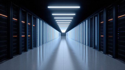 Powerful supercomputer processing massive data in futuristic server room. An impressive perspective view of data center hallway with glowing blue neon light and high tech racks