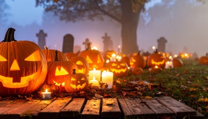 Magical Halloween Festival with Glowing Pumpkins and Lights at Night background mockup