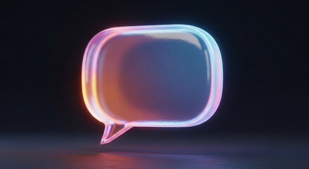 A vibrant, glowing speech bubble with a colorful gradient sits on a reflective surface, casting a soft glow in a dark environment, creating a modern look