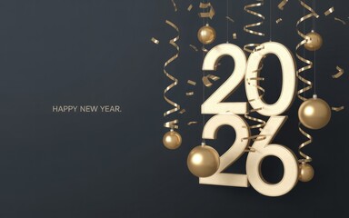 Happy new year 2026 gold celebration background design for festive season greetings and party invitations