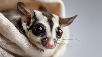 Sugar glider peeking out of soft pouch on pale background capturing cute and adorable features