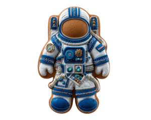 Gingerbread cookie astronaut suit blue white decorated funny space dessert isolated whimsical creative sweet icing edible costume playful food snack holiday festive unique detailed artificial