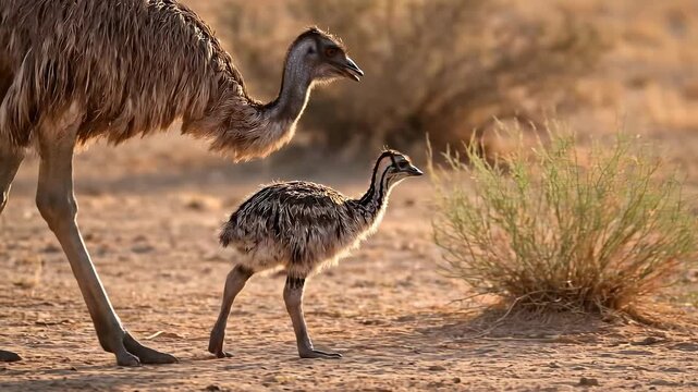 An adult emu and chick standing in the desert sunlight