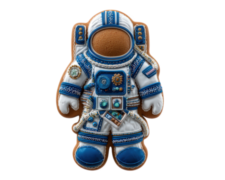 Gingerbread cookie astronaut suit blue white decorated funny space dessert isolated whimsical creative sweet icing edible costume playful food snack holiday festive unique detailed artificial