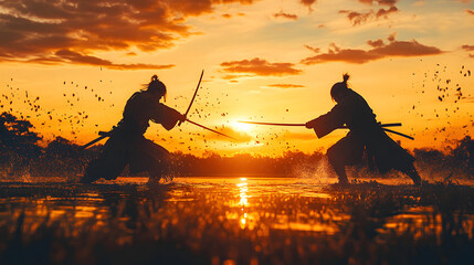 Two samurai warriors engage in a fierce duel at sunset, their swords cutting through the air above the water, silhouetted against the vibrant sky