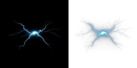 Electric lightning bolt overlay illustration with vibrant blue color on contrasting black and white backgrounds, perfect for dynamic design projects and creative compositions